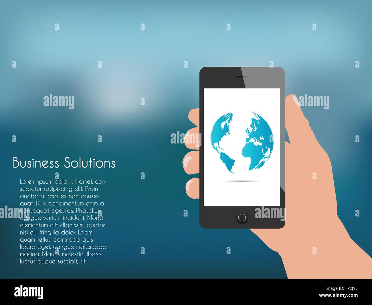 Illustration of a hand holding a phone with a colorful blue background ...