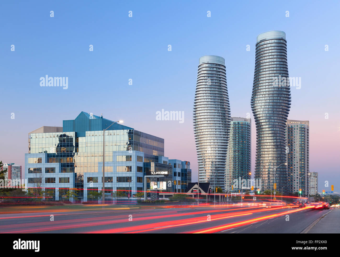 Absolute World Towers 4 & 5 (The Marilyn Monroe Towers) at dusk. Mississauga, Peel Region, Ontario, Canada. Stock Photo