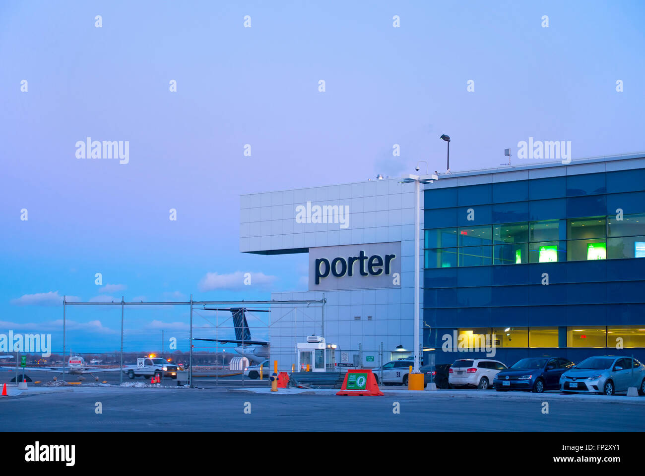 The Porter Airlines logo and terminal building. Billy Bishop Toronto City Airport. Toronto, Ontario, Canada. Stock Photo
