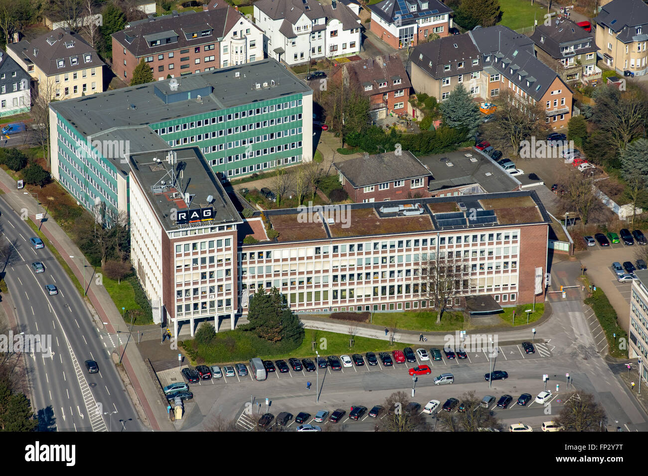 Aerial view, Trade Union Hall, RAG-house at the Hans-Böckler-Straße Osterfelder Straße, Bottrop, Ruhr area, Stock Photo