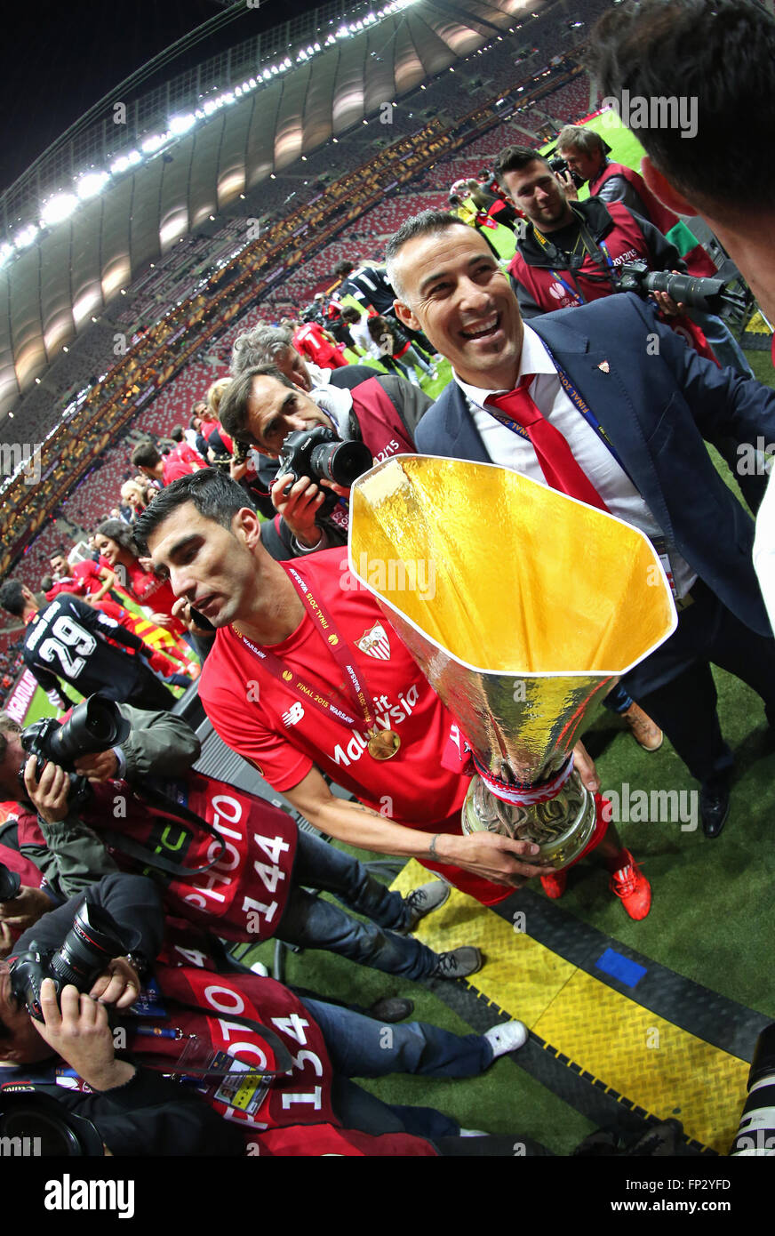 WARSAW, POLAND - MAY 27, 2015: Jose Antonio Reyes of FC Sevilla celebrates after winning UEFA Europa League Trophy after the game against FC Dnipro at Warsaw National Stadium Stock Photo
