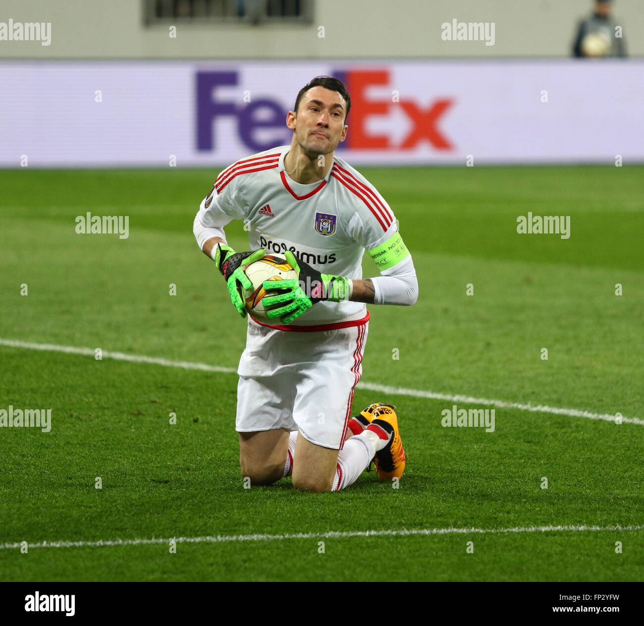 LVIV, UKRAINE - March 10, 2016: Goalkeeper Silvio Proto of RSC Anderlecht in action during UEFA Europa League Round of 16 game a Stock Photo