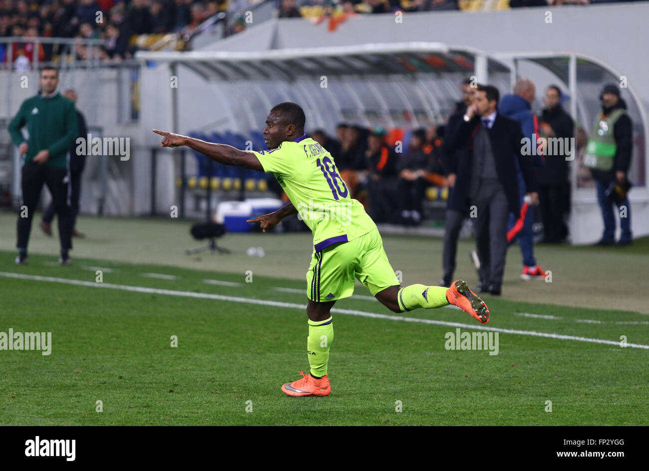 LVIV, UKRAINE - March 10, 2016: Frank Acheampong of RSC Anderlecht reacts after scored during the UEFA Europa League Round of 16 Stock Photo