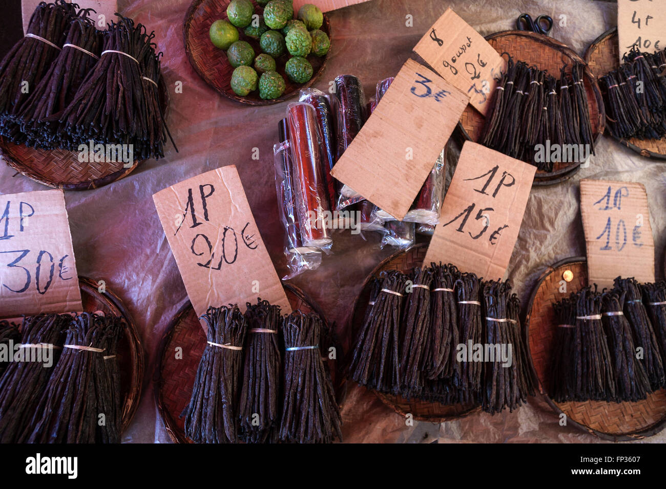 Vanilla, vanilla beans (Vanilla planifolia) for sale at the weekly market in Saint Paul, Reunion Stock Photo