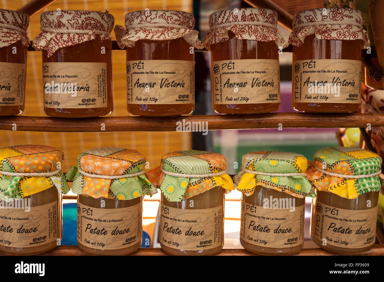 Pineapple and sweet potato jams, jars for sale, weekly market, Saint Paul, Reunion Stock Photo