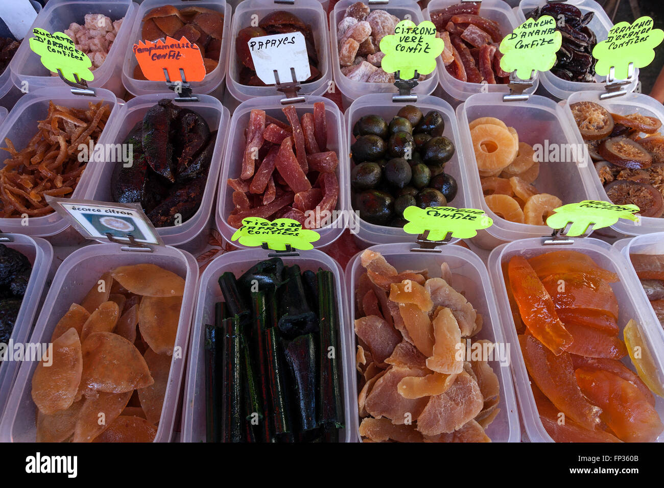 Candied fruit, weekly market, Saint Paul, Reunion Stock Photo