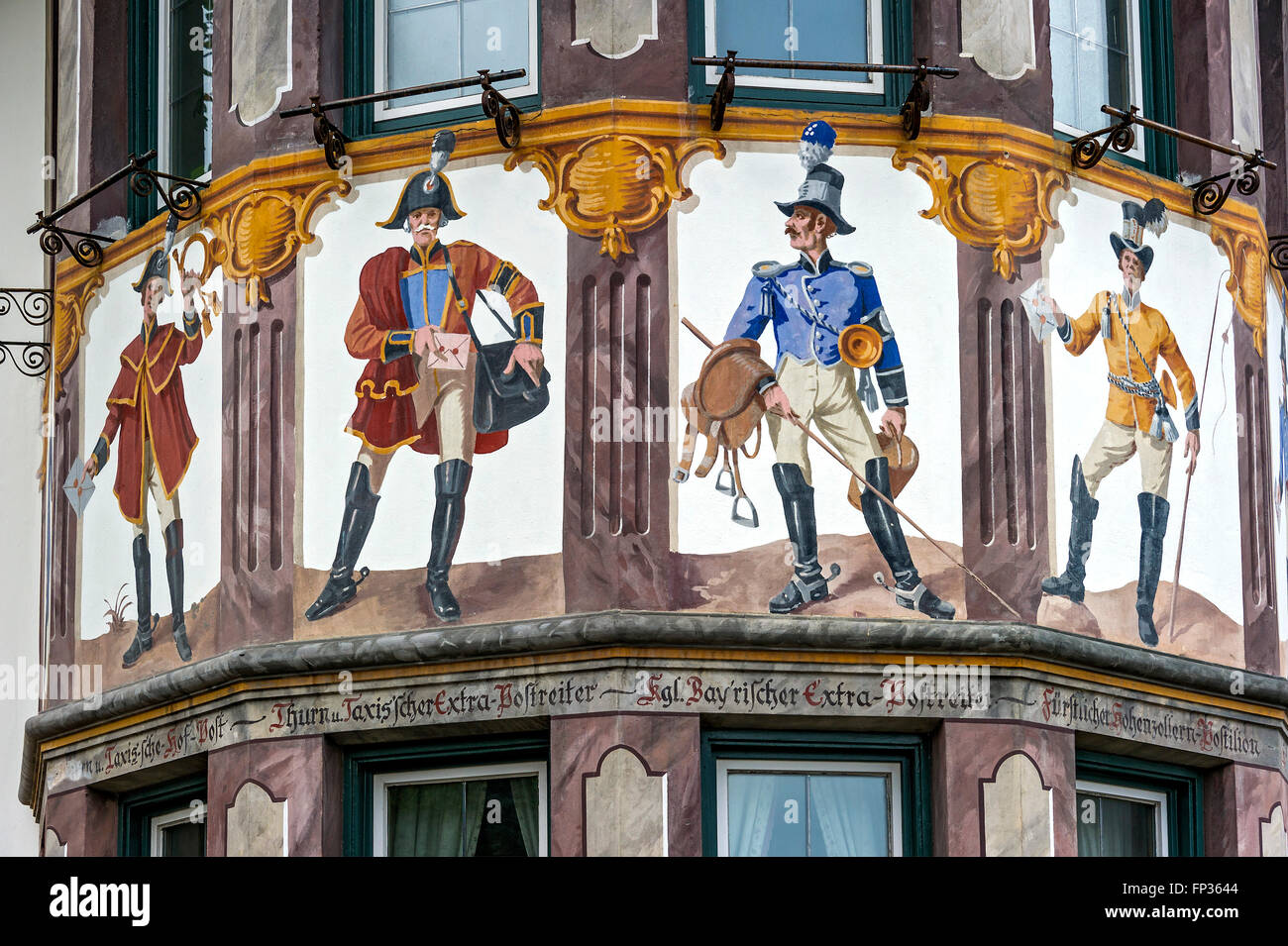 Lüftlmalerei mural of various post riders at the bay window of the Hotel and Gasthof Zur Alten Post, Wallgau, Werdenfels Stock Photo