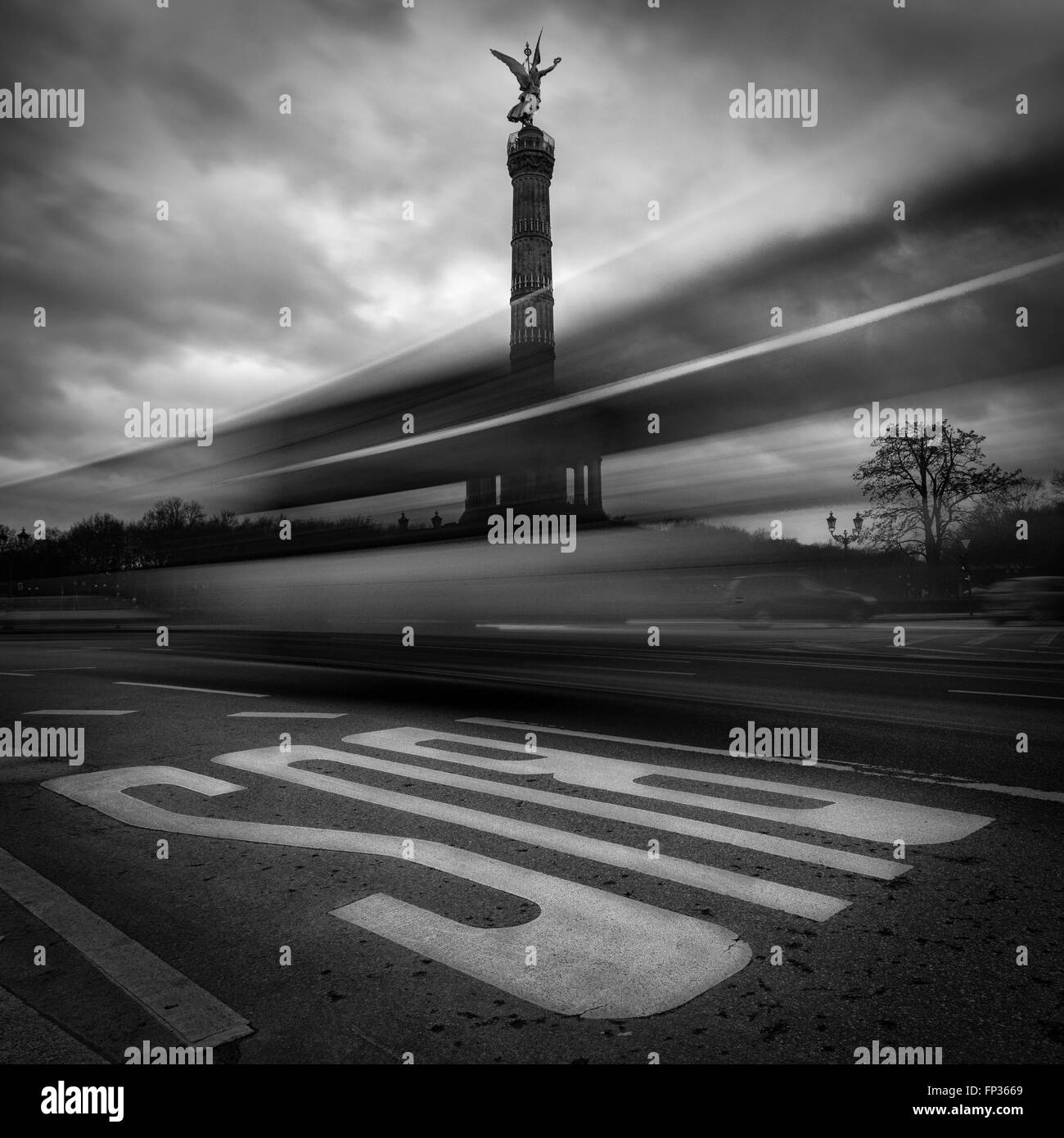 View of the Berlin Victory Column with bus lane markings in the foreground, Berlin, Germany Stock Photo