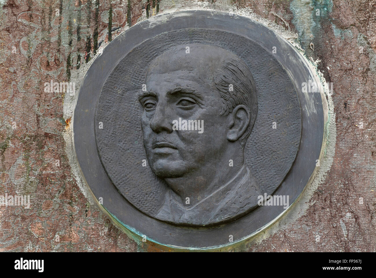 Portrait of the dictator Francisco Franco, details on the Franco monument from 1975, removed in 2015, Spanish square, Oviedo Stock Photo