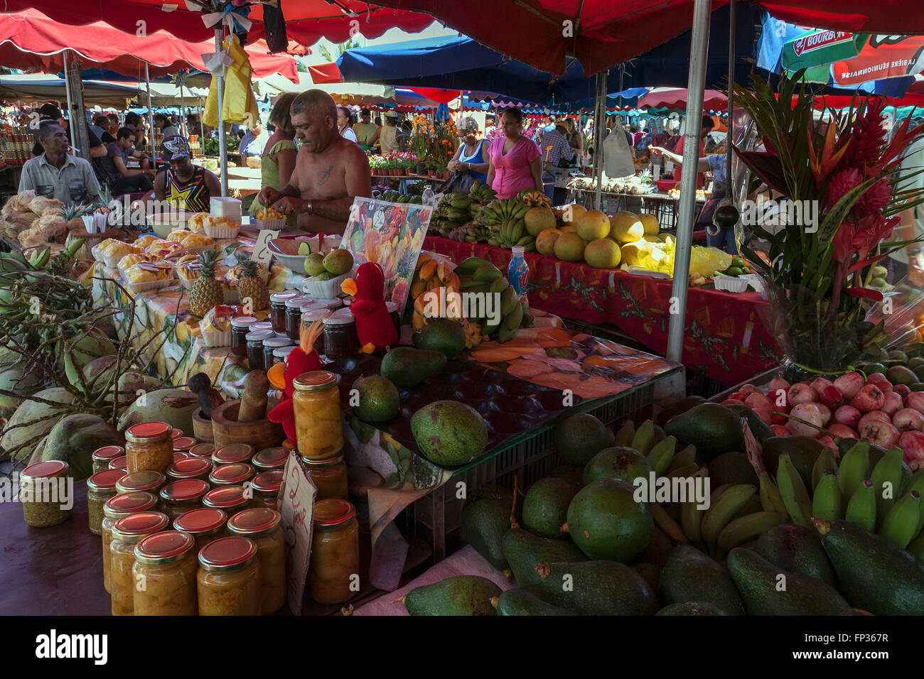 Vegetables and fruit for sale, market stalls, street markets, Saint Paul, Reunion Stock Photo