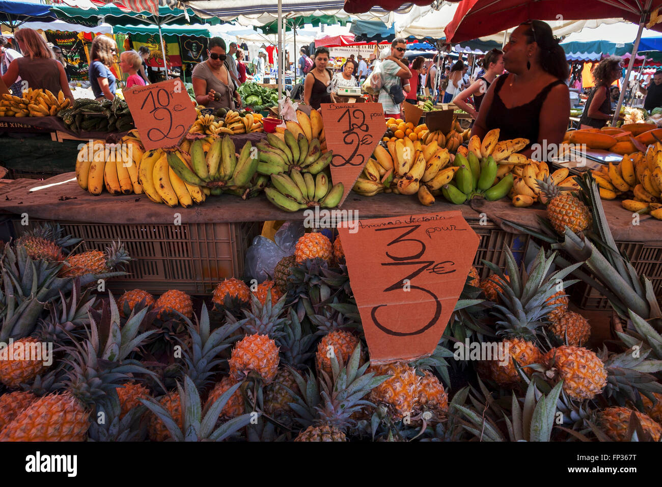 Vegetables and fruit for sale, market stalls, bananas and pineapples, weekly market, Saint Paul, Reunion Stock Photo