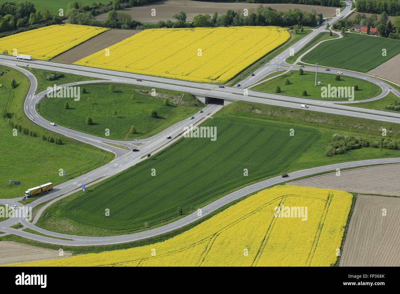 Aerial view, highway exit in agricultural landscape, A 94 motorway near Mühldorf, Upper Bavaria, Bavaria Stock Photo