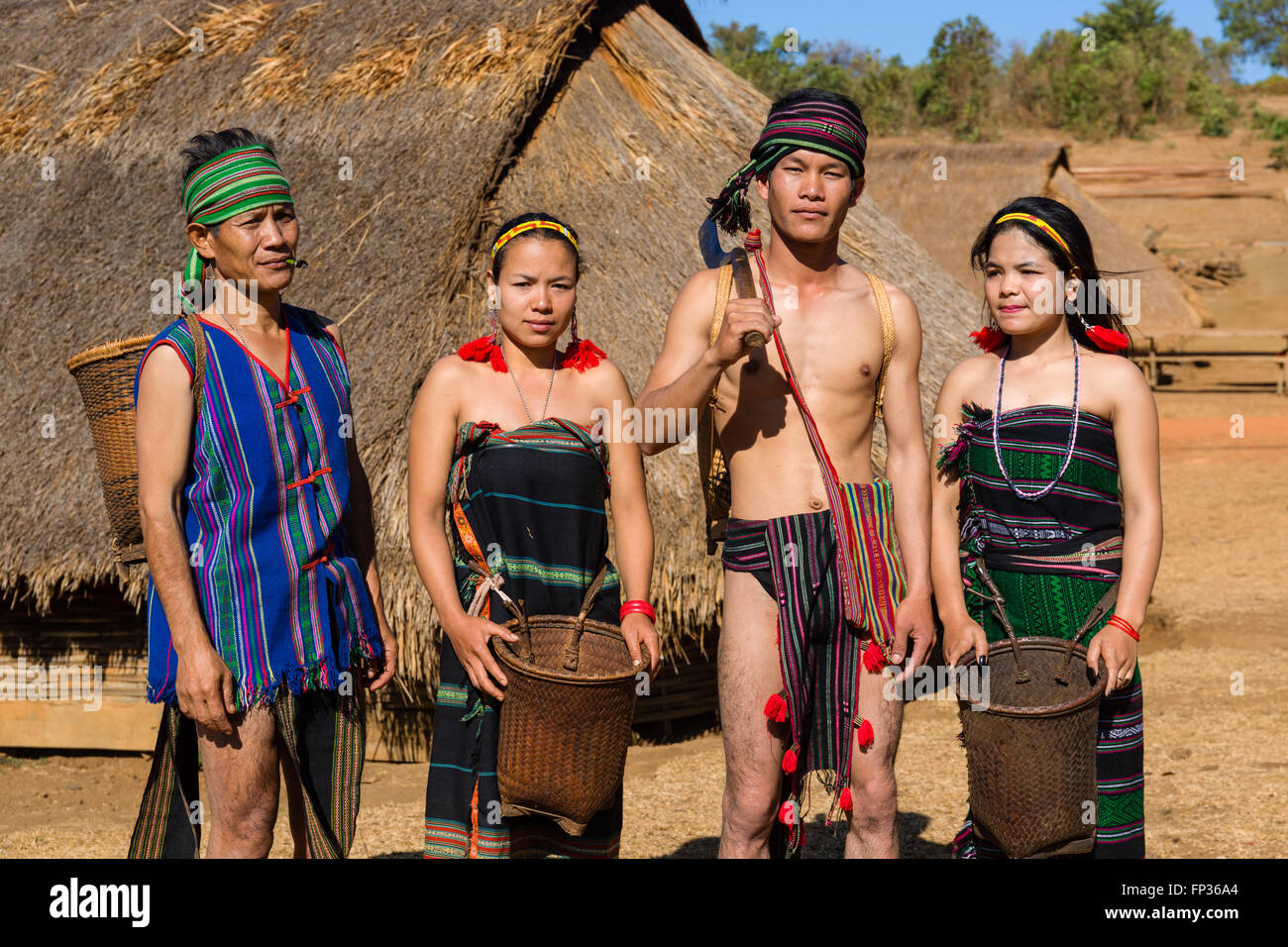 Native Phnong people wearing traditional costume, ethnic minority, Pnong, Bunong, Senmonorom, Sen Monorom, Mondulkiri Province Stock Photo