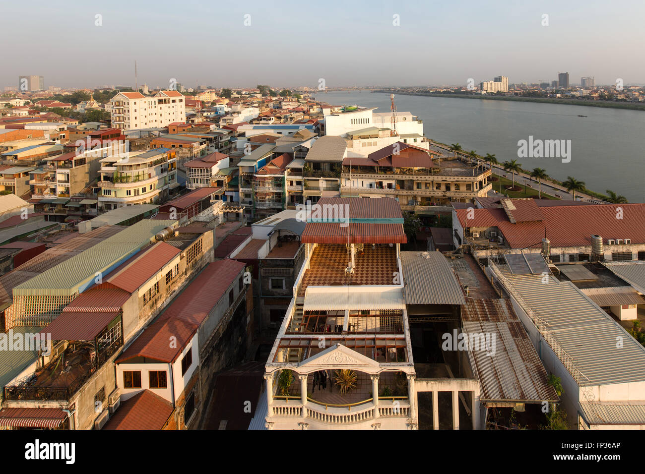 View from the Grand Waterfront Hotel at Riverside City and Tonle Sap river, Phnom Penh, Cambodia Stock Photo
