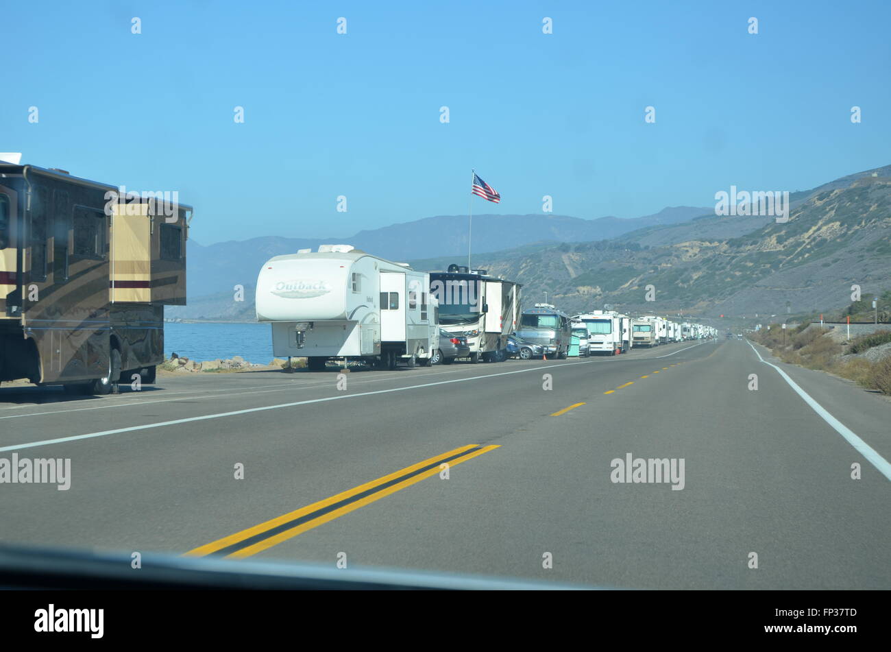Campers line Highway 101 at Emma Wood State Beach, Ventura Highway, Ventura California Stock Photo