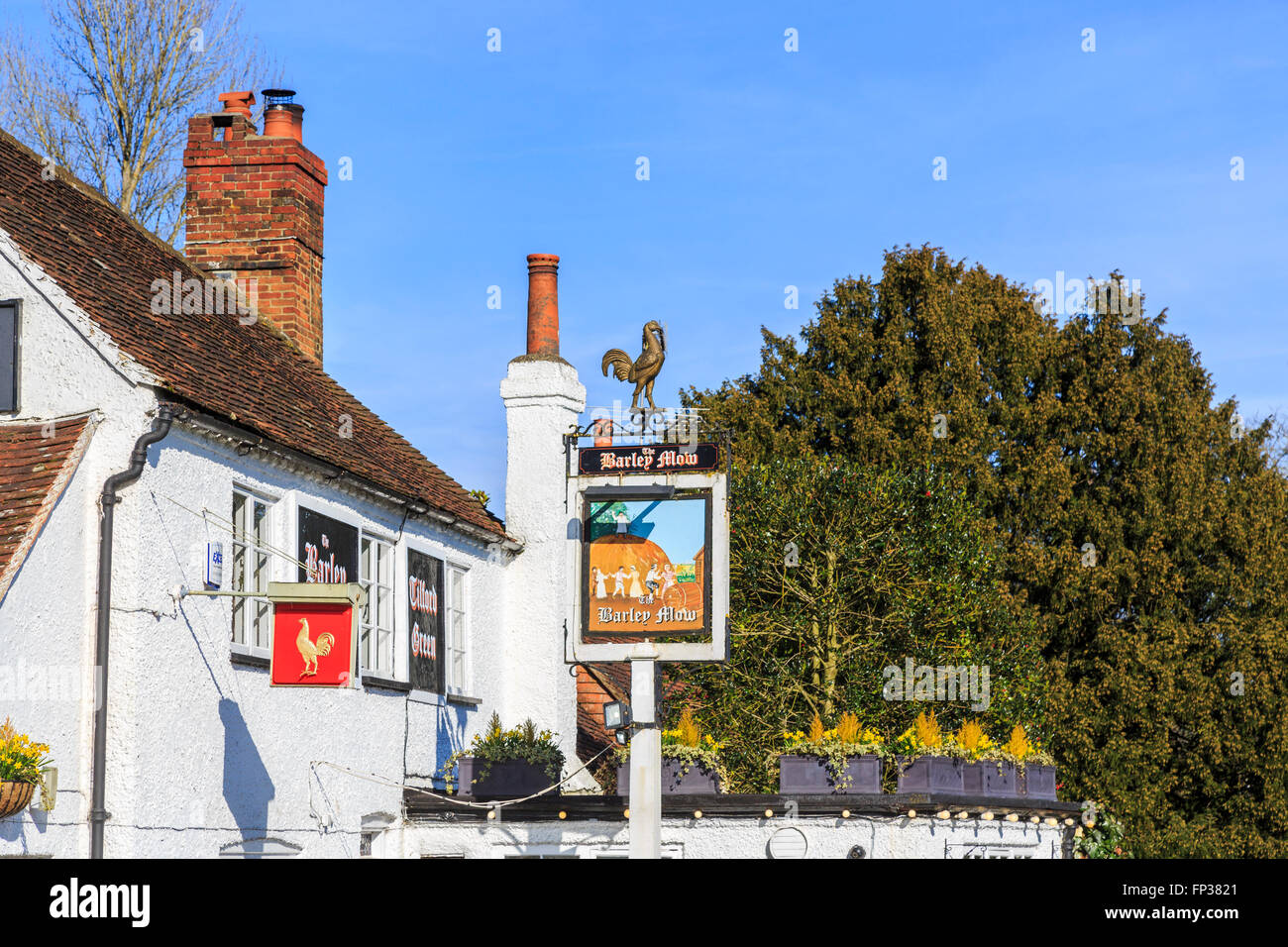The Barley Mow, a traditional whitewashed country pub on Tilford Green in Tilford, a small village near Farnham, Surrey, UK Stock Photo