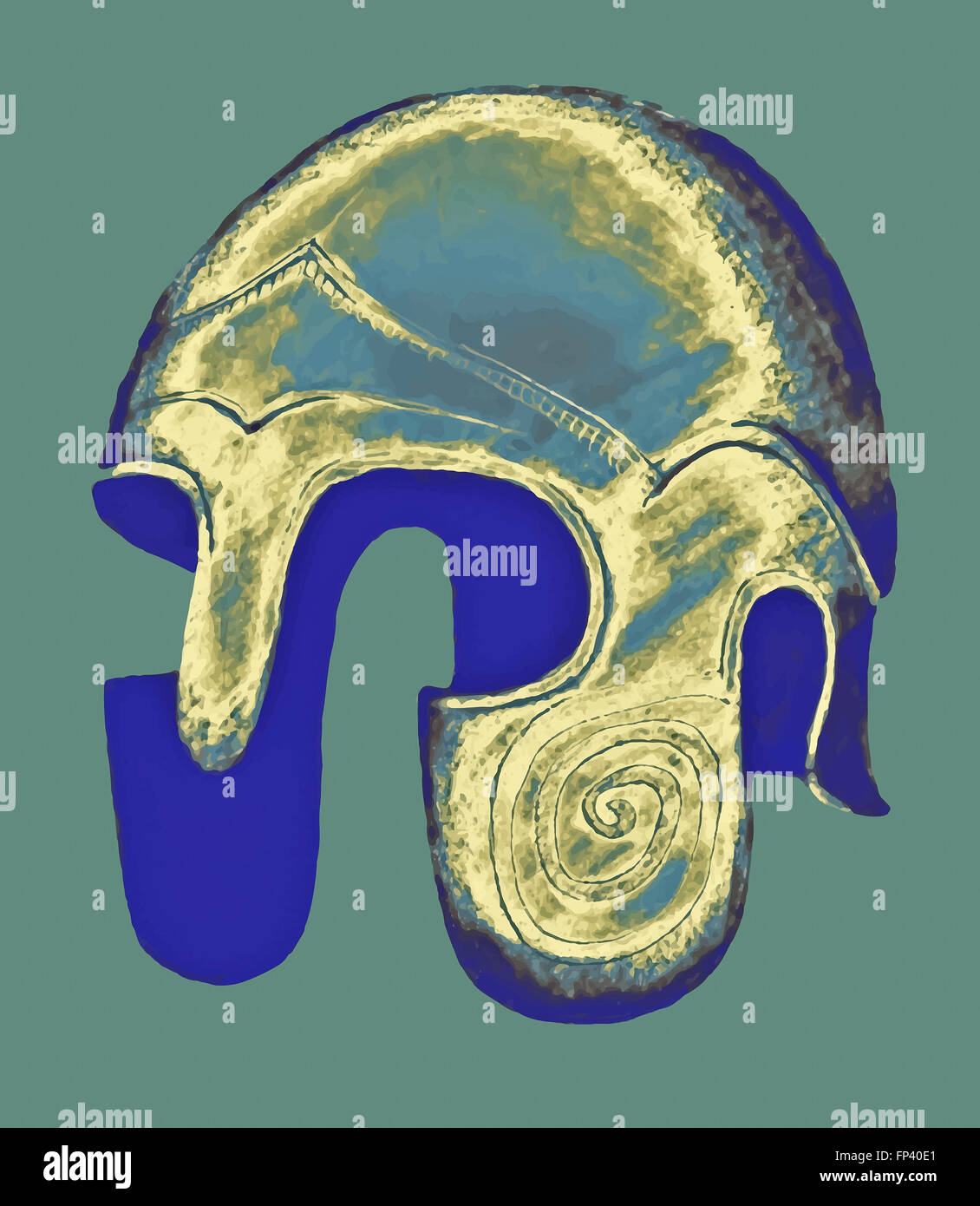 Painting of Greek Helmet , cut out  shape in blue and gold shiny metallic details. Stock Photo