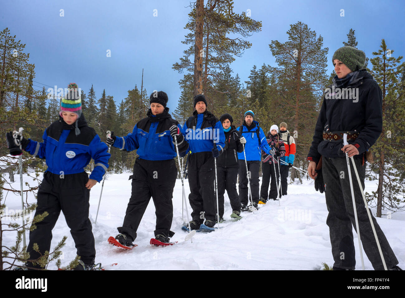 Group of tourists in Salla doing a snowshoe trip to Ice Wall, Salla, Lapland, Finland. You can experience the winter nature even Stock Photo