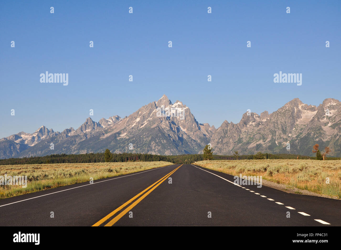 Long straight road with mountain view in Grand Teton National Park Stock Photo