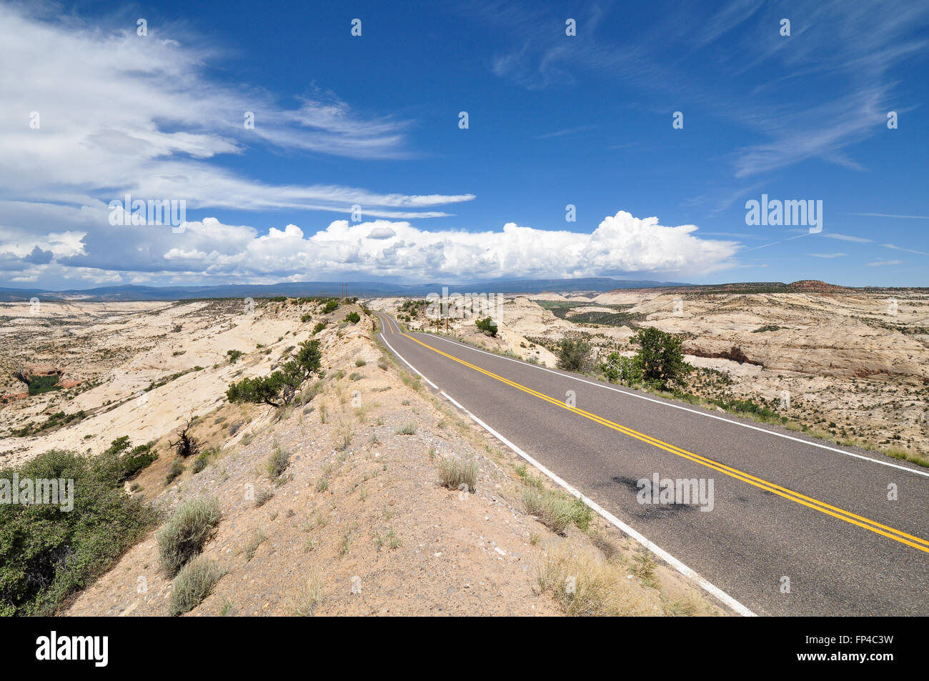 Long straight mountain road in Escalante National Park Stock Photo
