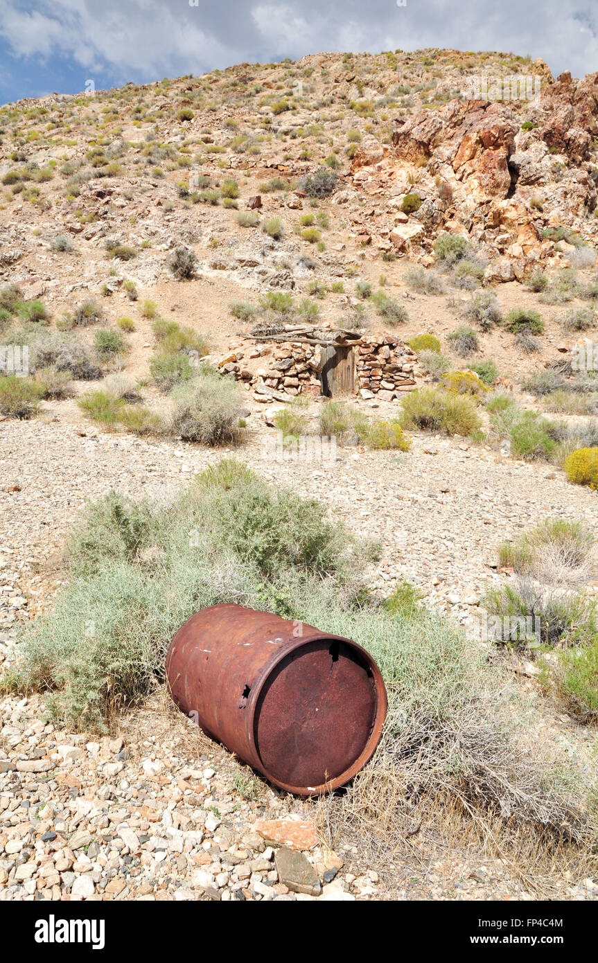 Old rusted Barrel at Eureka Mine in Death Valley National Park, USA Stock Photo