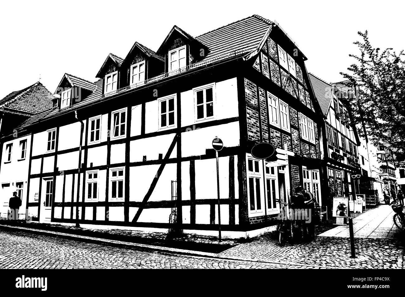Monochrome of Small town Frame house cityscape in Northern Germany Stock Photo