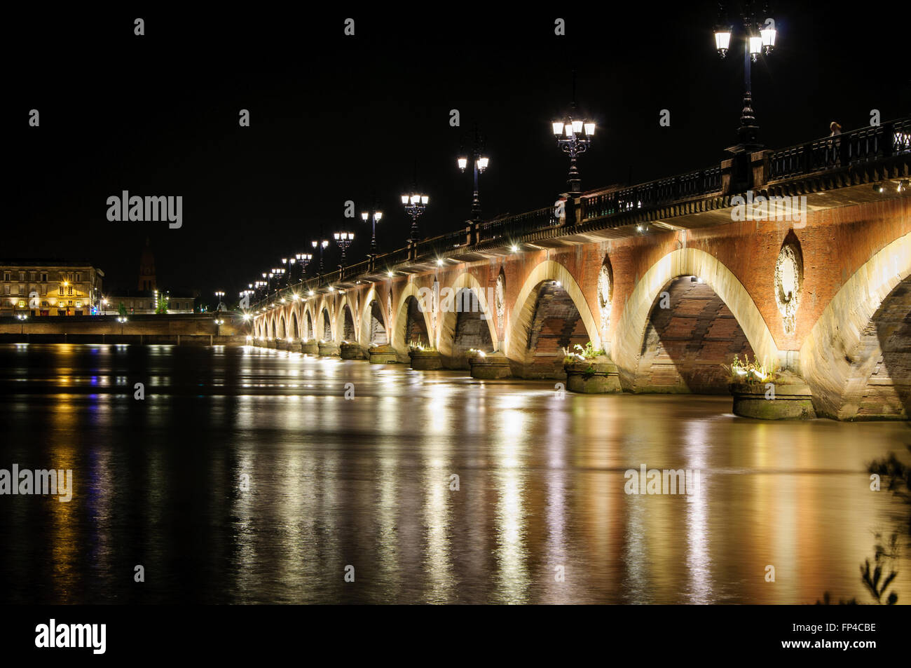 Bridge over the Garonne at night in Bordeaux, France Stock Photo