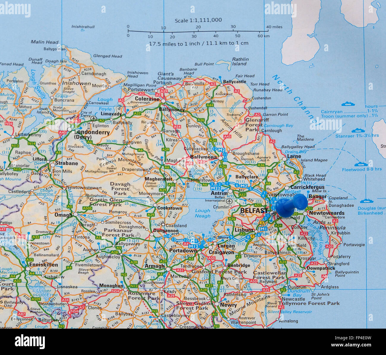 Road map of Northern Ireland, with a map pin indicating Belfast, in County Antrim, the capital of Northern Ireland. Stock Photo
