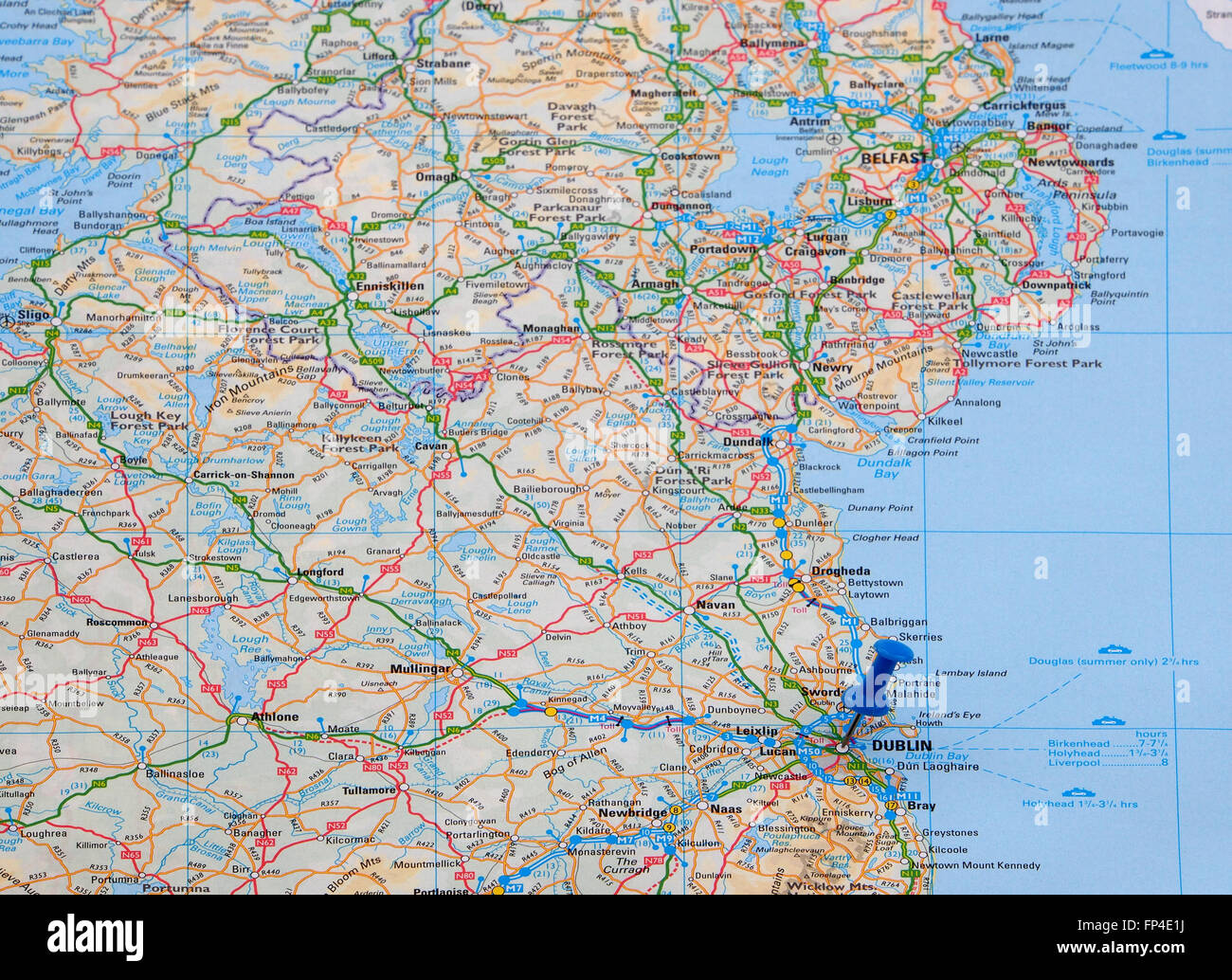 Map of the east coast of Eire (Southern Ireland) showing the road and ferry crossing routes and with a map pin indicating Dublin Stock Photo