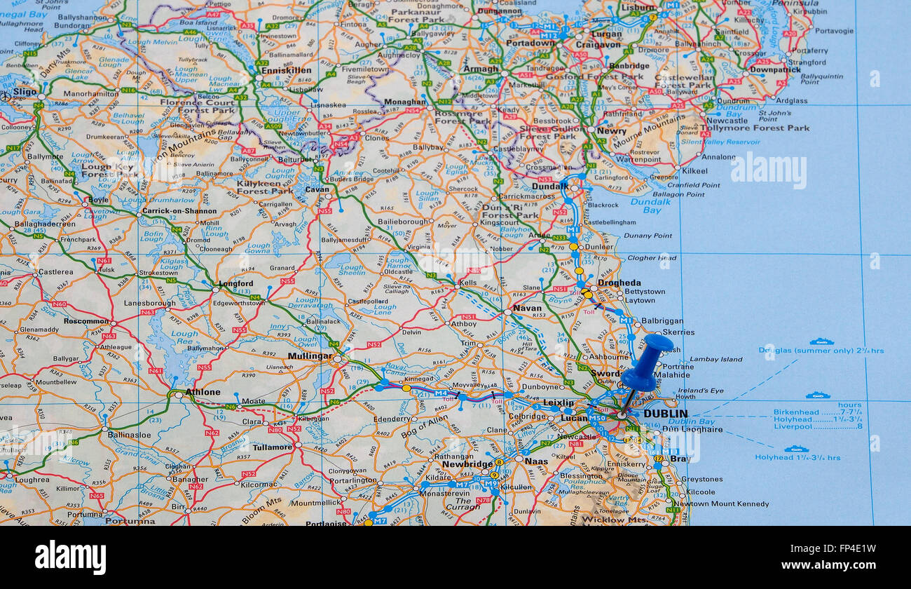 Map of the east coast of Eire (Southern Ireland) showing the road and ferry crossing routes and with a map pin indicating Dublin Stock Photo