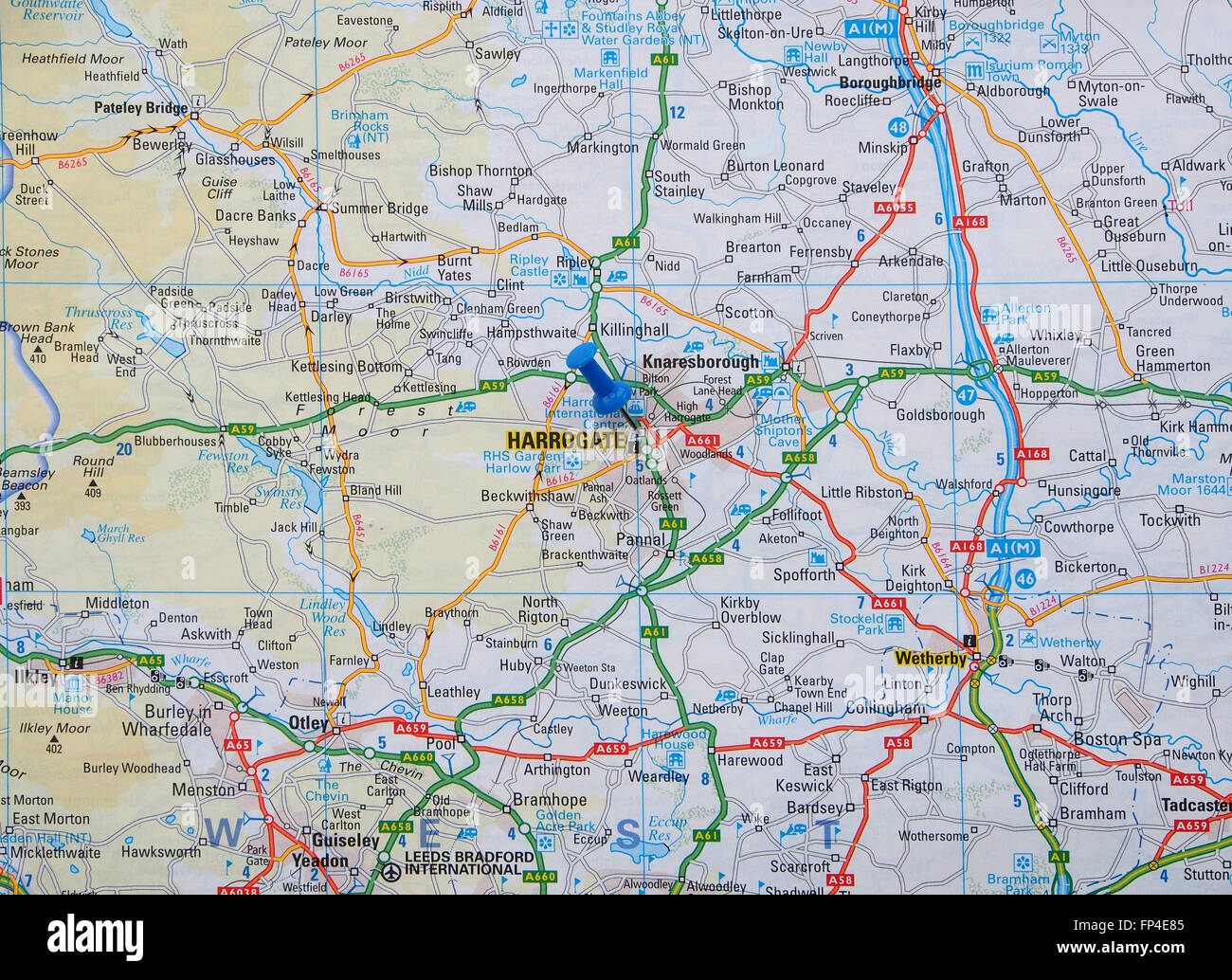 Road map of Yorkshire, England, showing the Harrogate and Wetherby area and with a map pin in the town of Harrogate. Stock Photo