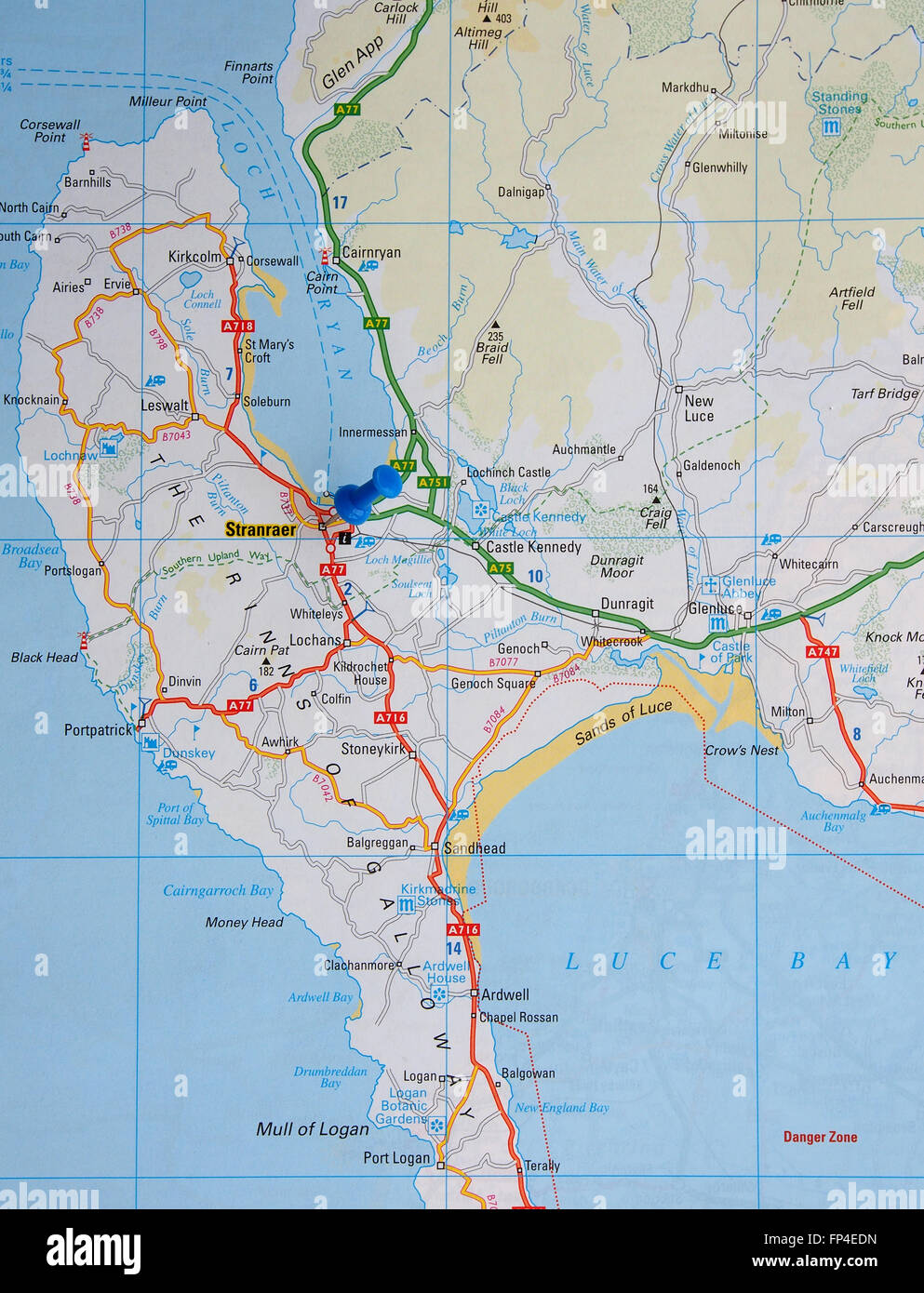 Road map of the west coast of Scotland, showing The Rinns of Galloway and with a map pin in the town of  Stranraer. Stock Photo