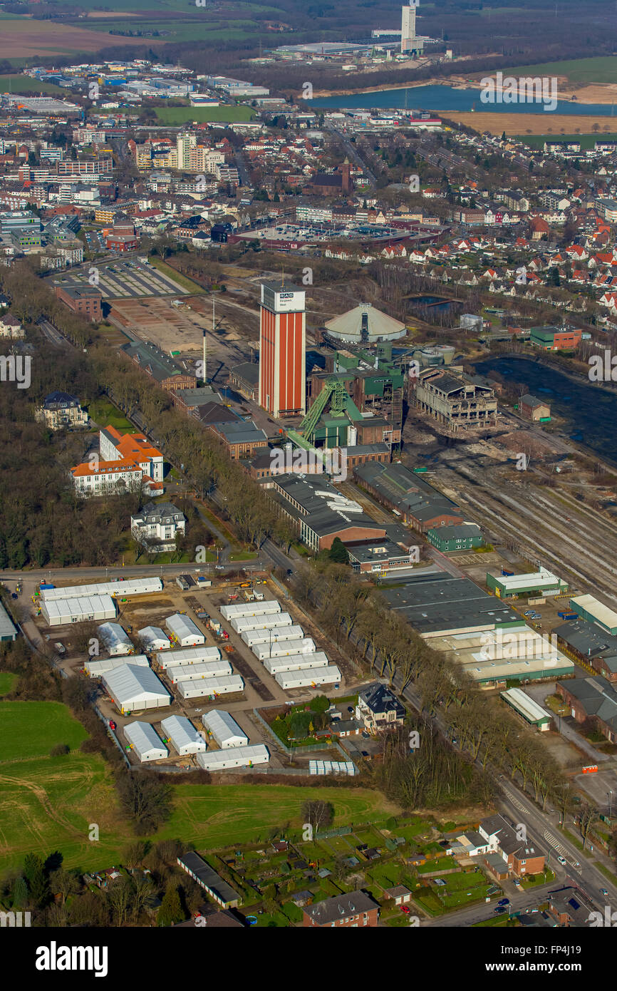 Aerial view, refugee shelters, asylum, refugee tents in the parking lot Friedrich-Heinrich-Allee, Stock Photo