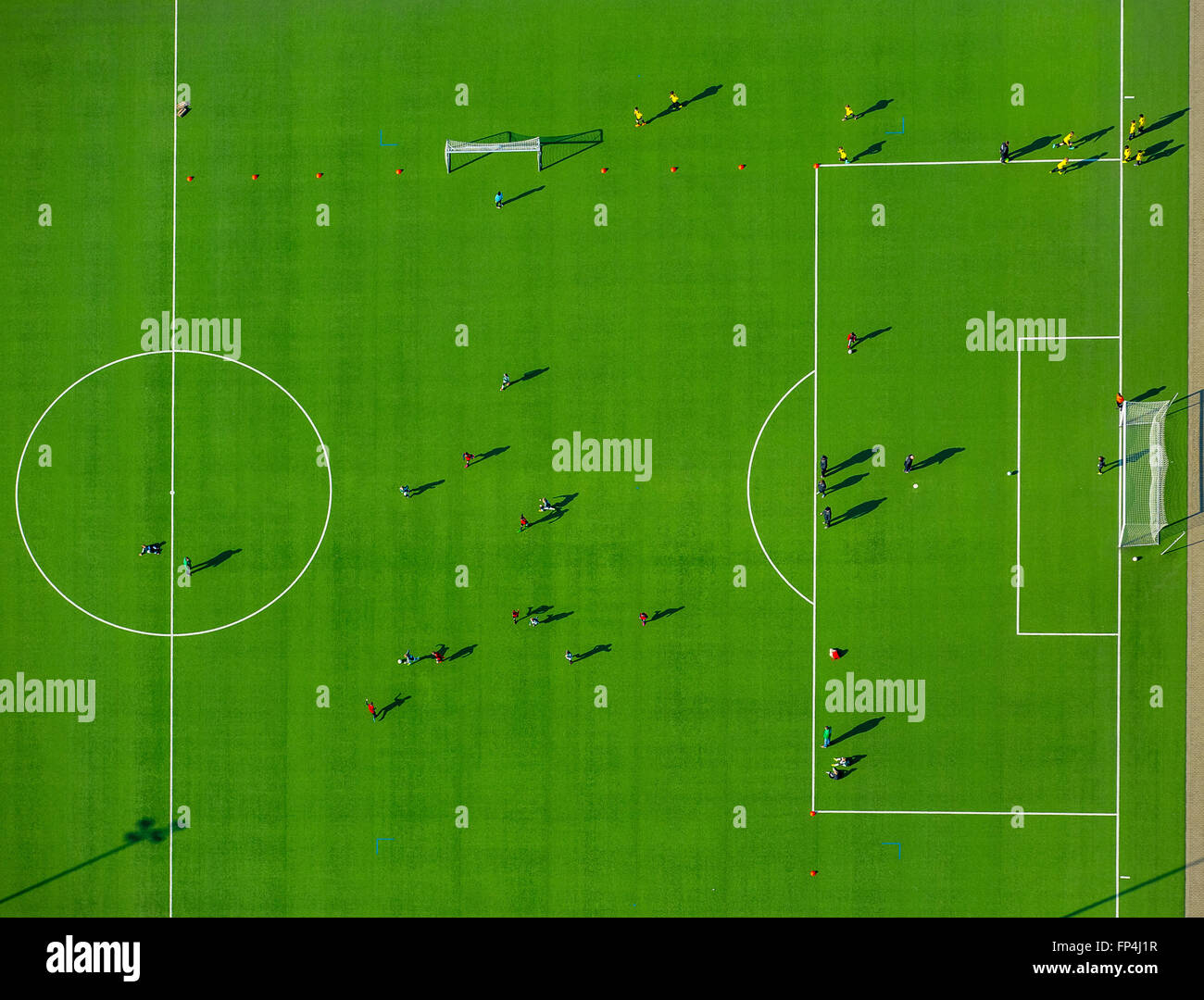 Aerial view, sports ground TuS Fichte Lintfort 1914 E.V, tournament preparations, football training, Kamp-Lintfort, Lower Rhine, Stock Photo