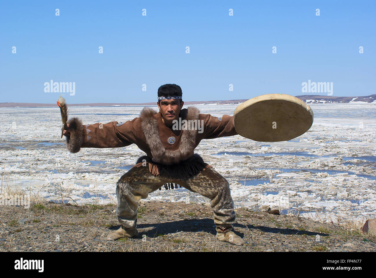 Chukchi man dancing a folk dance Stock Photo