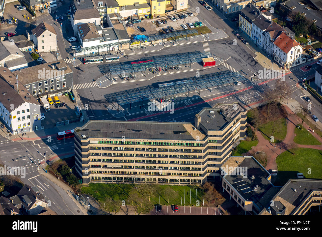Aerial view, central bus station, new bus station towards the tax office Velbert, Velbert, Ruhr, North Rhine Westphalia, Germany Stock Photo