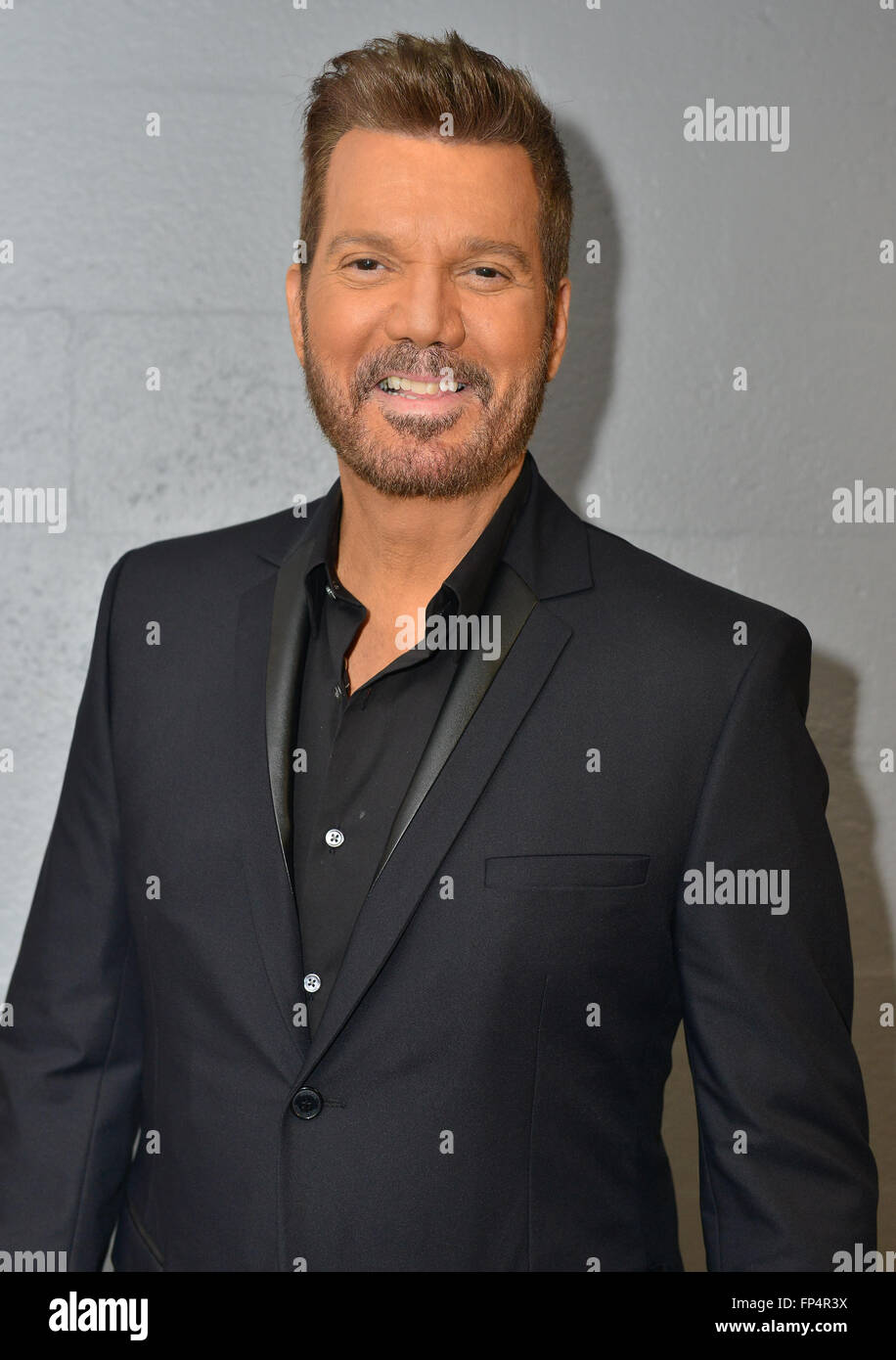 Gilberto Santa Rosa and Willy Chirino backstage ahead of their concert at the James L. Knight Center  Featuring: Willy Chirino Where: Miami, Florida, United States When: 14 Feb 2016 Stock Photo