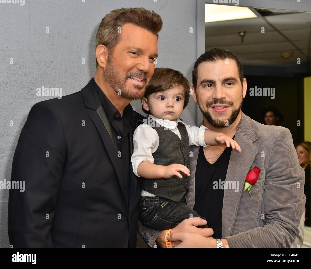 Gilberto Santa Rosa and Willy Chirino backstage ahead of their concert at the James L. Knight Center  Featuring: Willy Chirino, Dash Moramarco, Chris Moramarco Where: Miami, Florida, United States When: 14 Feb 2016 Stock Photo