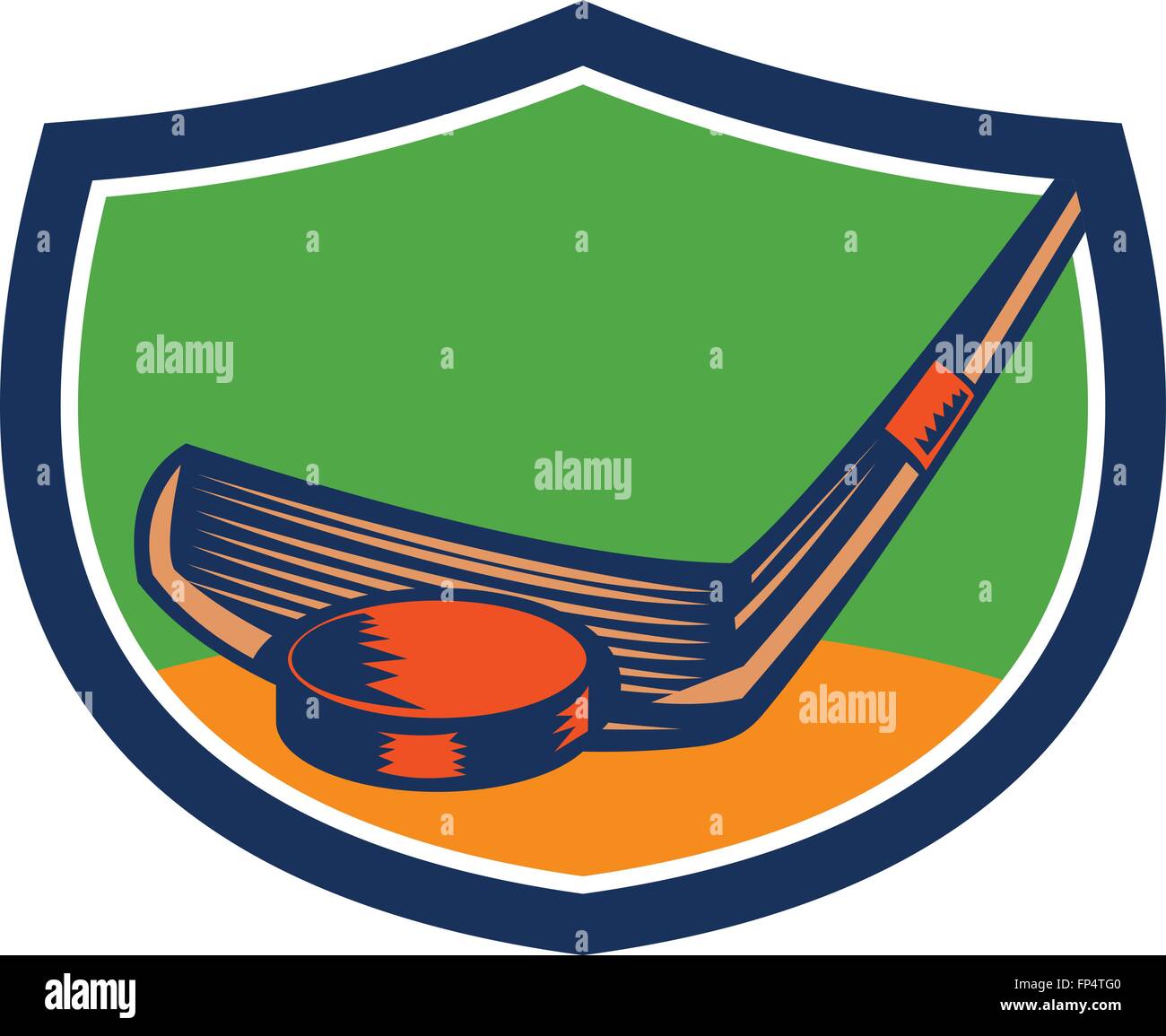 Illustration of a hockey puck and stick set inside shield crest on