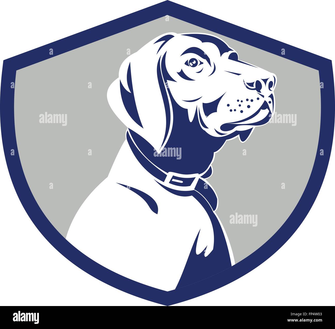 Illustration of a pointer dog head profile looking to the side set inside shield crest on isolated background done in retro style. Stock Vector