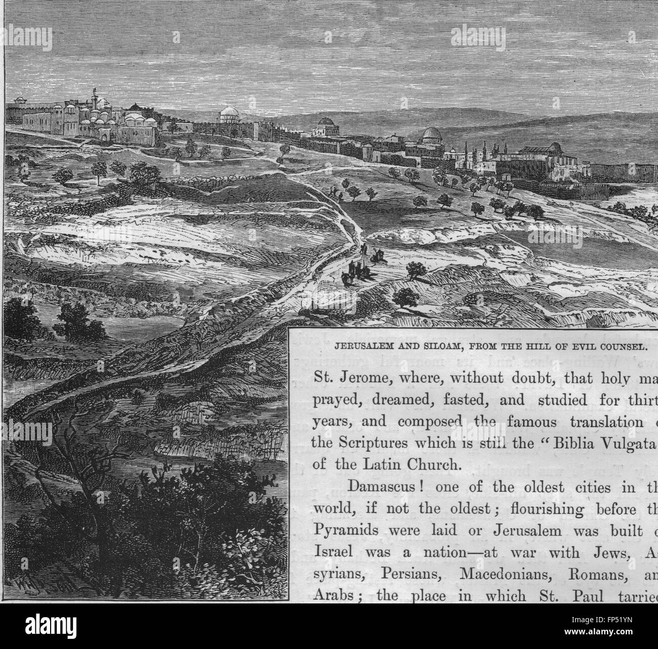 JERUSALEM: Jerusalem and Siloam, from the Hill of Evil Counsel, old print 1882 Stock Photo