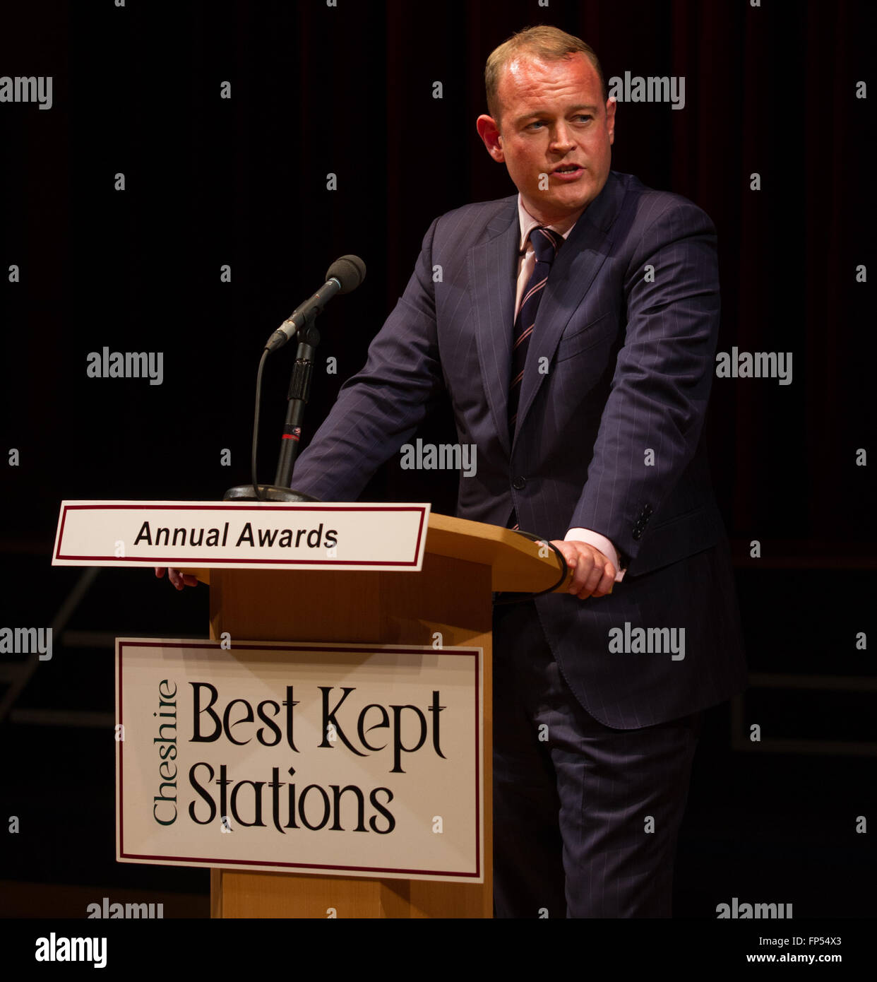 Alex Hynes, now Managing Director at Abellio Scotrail speaks at the Cheshire best kept stations awards. Stock Photo