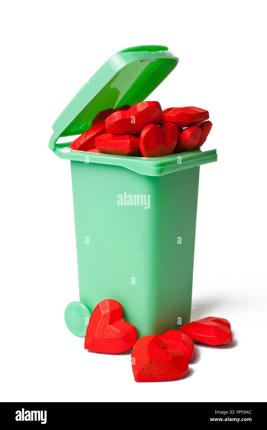 Garbage Can Full of Red Wood Heart Stock Photo