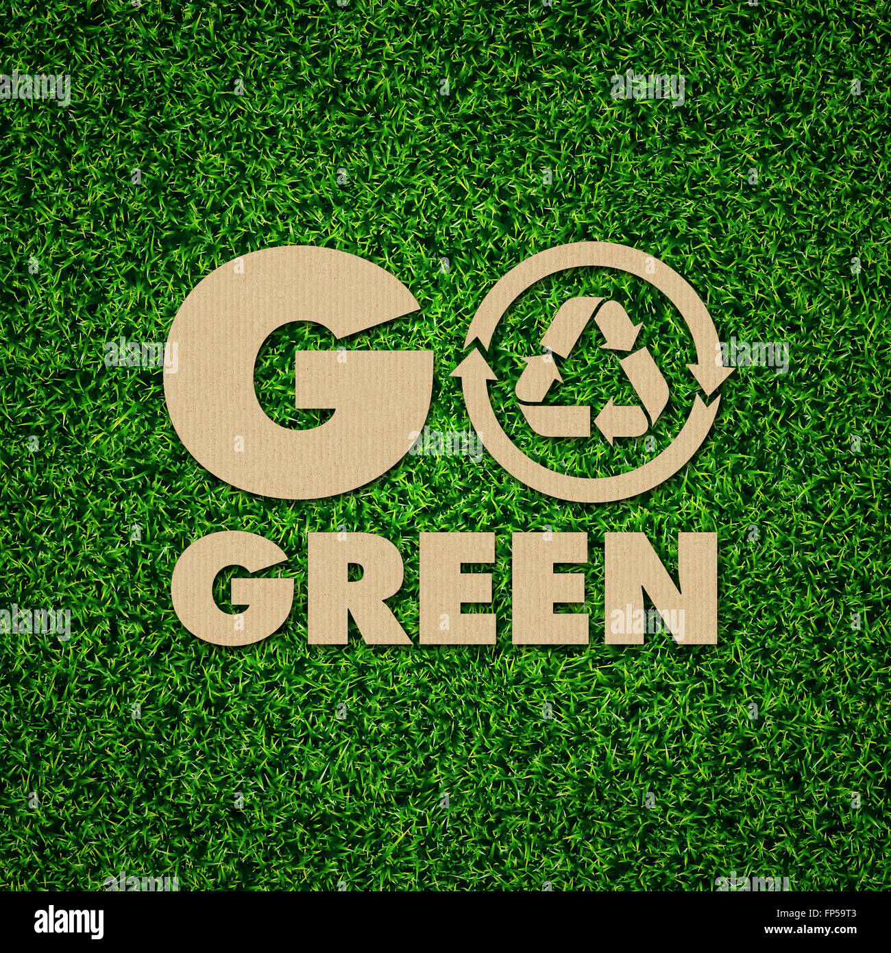 Renewable, sustainable, recycle, and green energy iconic concept on green grass. Stock Photo