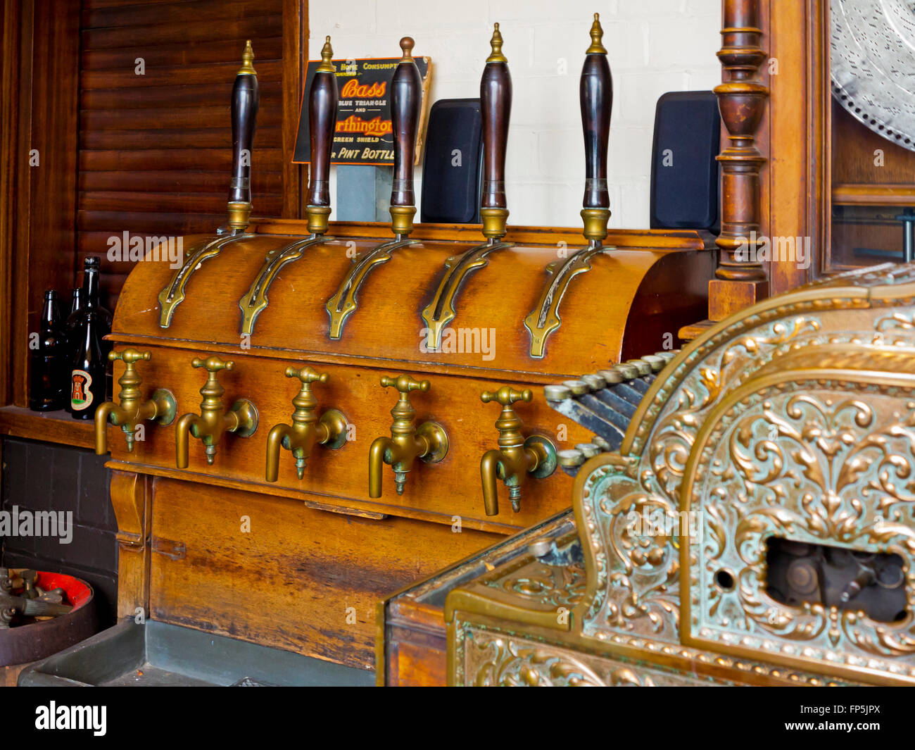 Exhibits and beer pumps inside the National Brewery Centre a museum in Burton upon Trent Staffordshire England UK Stock Photo