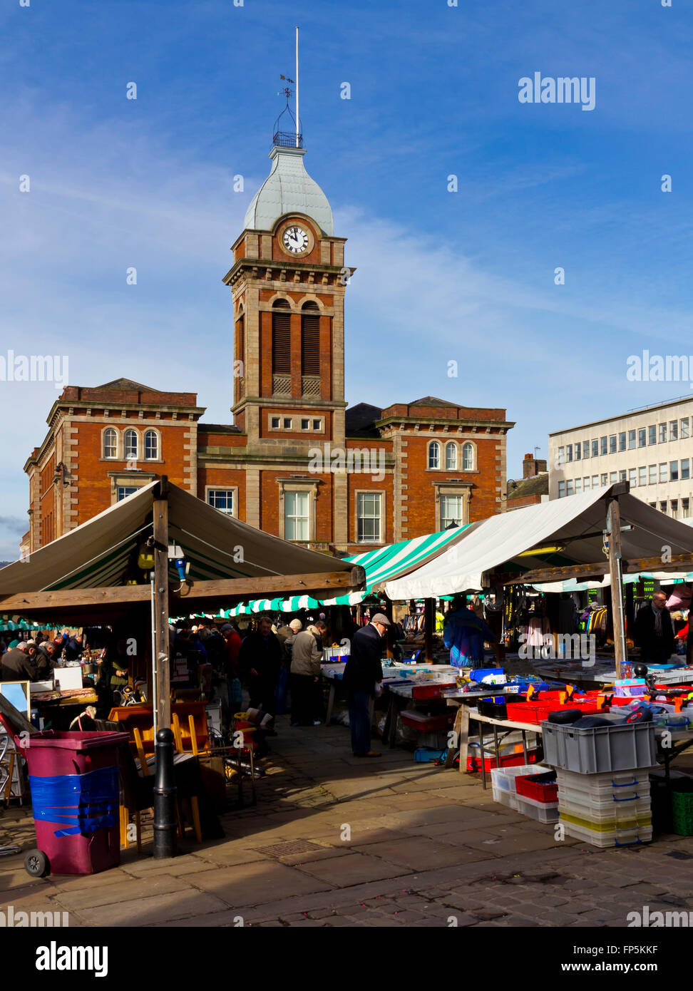 The outdoor street market and Market Hall in Chesterfield town centre