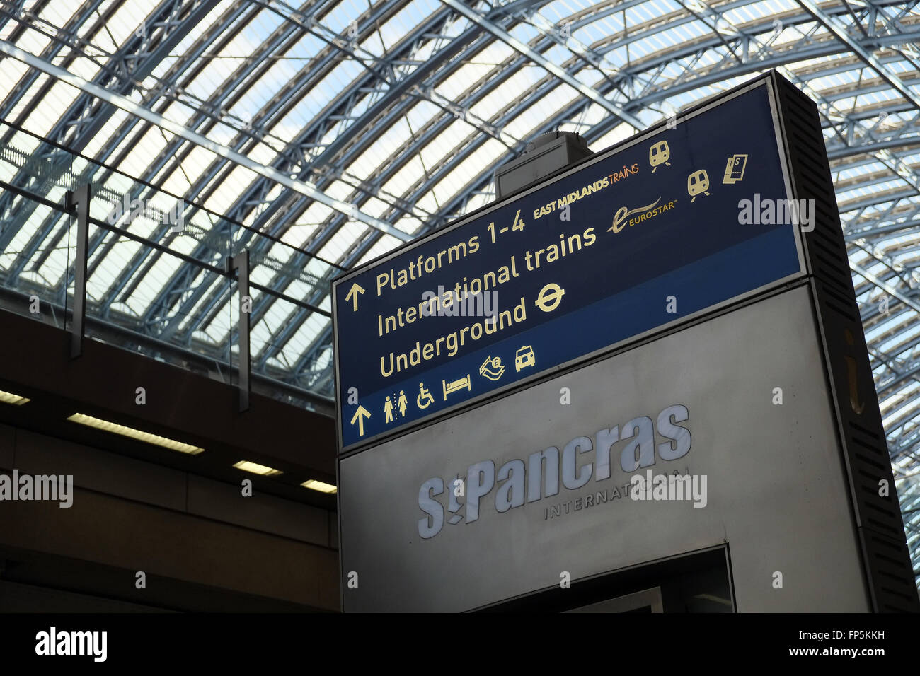 Sign for international trains at St. Pancras Railway Station, London, England, UK, Europe. Stock Photo