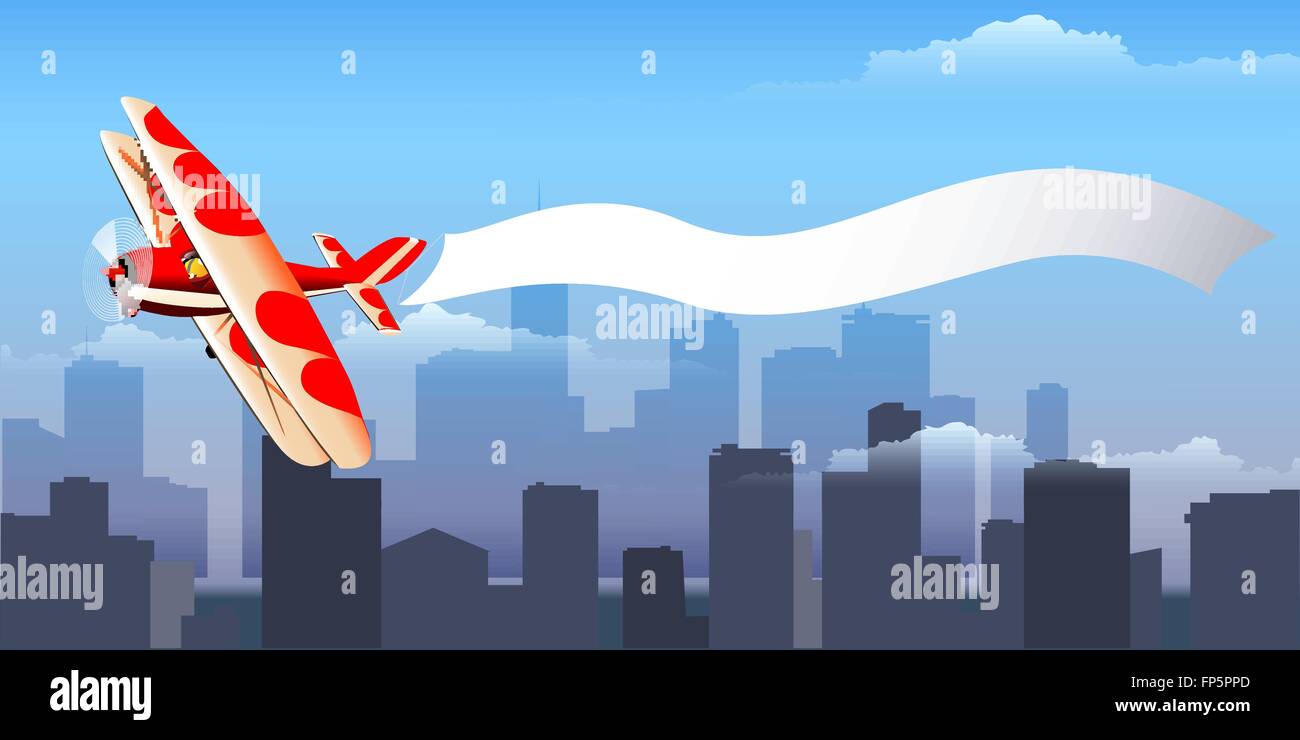 Retro airplane with banner for your text flying against morning cityscape. Stock Vector