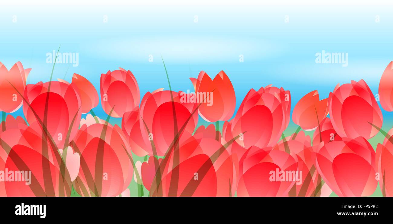 Flower horizontal seamless border. Red tulips against blue sky. Stock Vector