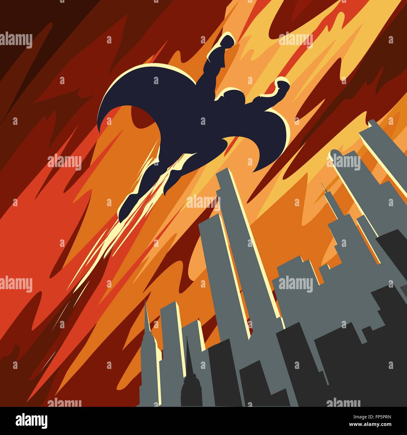 Superhero flying in the sky over night city. Retro Poster style. Stock Vector